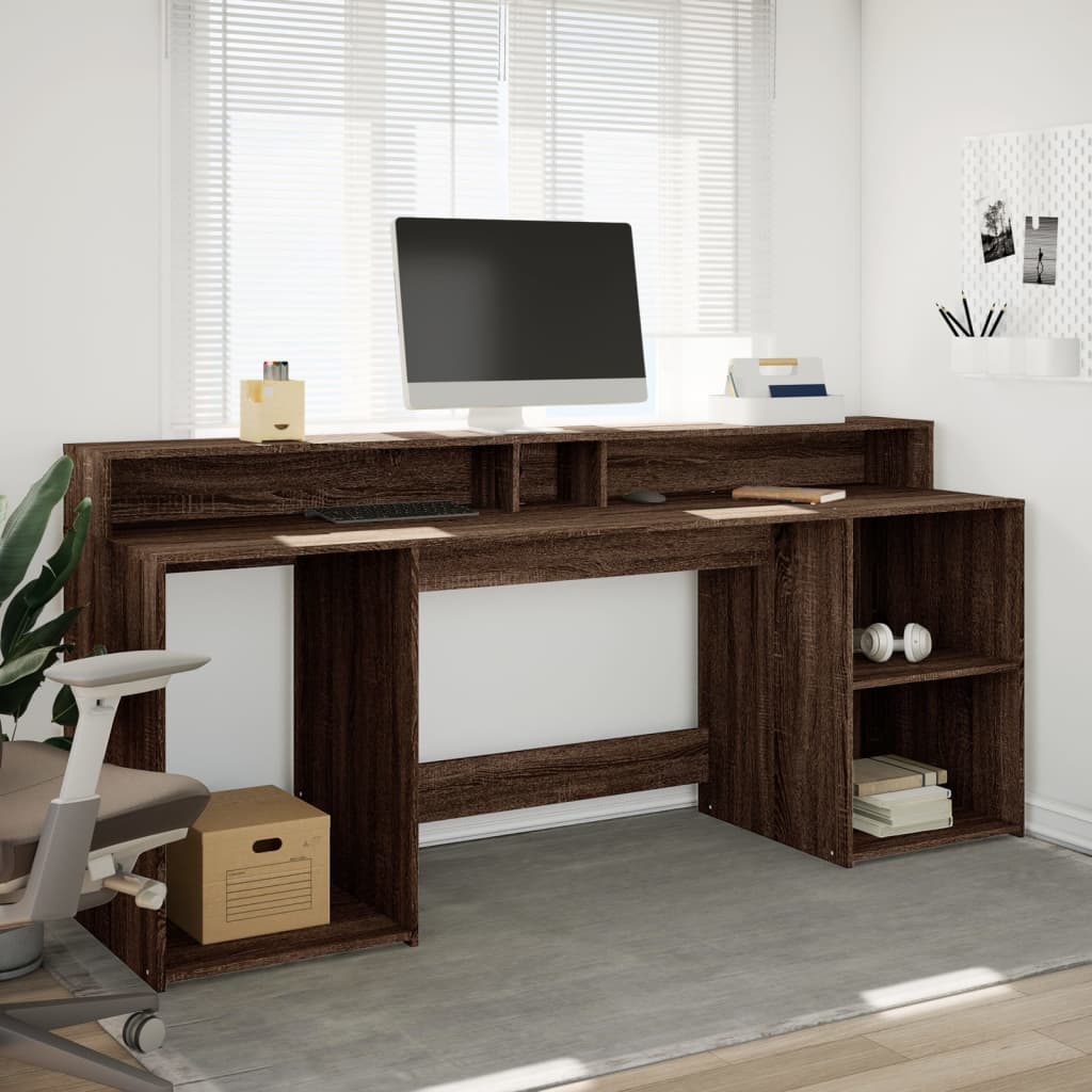 Bureau et lumières LED chêne marron bois d'ingénierie Bureaux vidaXL   