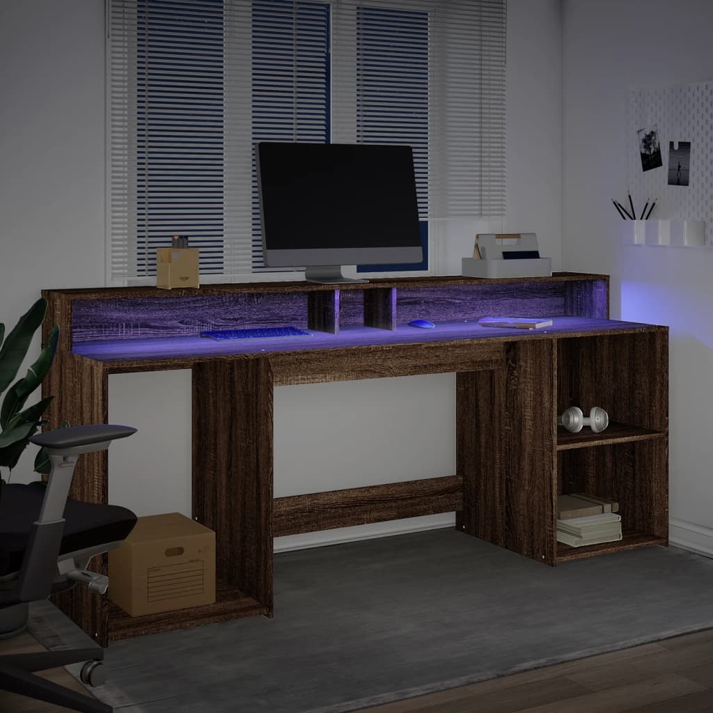 Bureau et lumières LED chêne marron bois d'ingénierie Bureaux vidaXL   