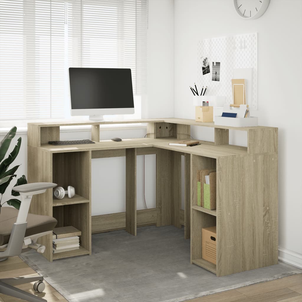 Bureau avec lumières LED chêne sonoma bois d'ingénierie Bureaux vidaXL   