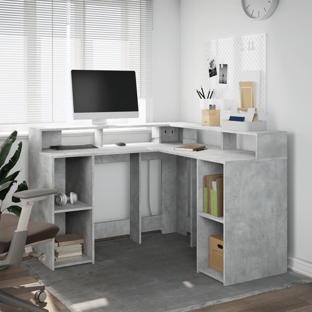 Bureau et lumières LED gris béton 130x130x91cm bois ingénierie Bureaux vidaXL   