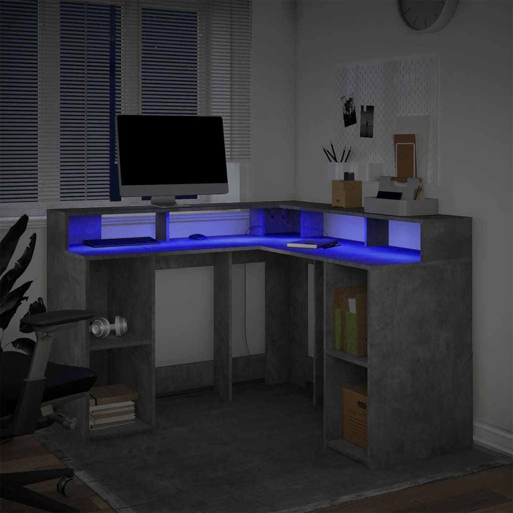 Bureau et lumières LED gris béton 130x130x91cm bois ingénierie Bureaux vidaXL   