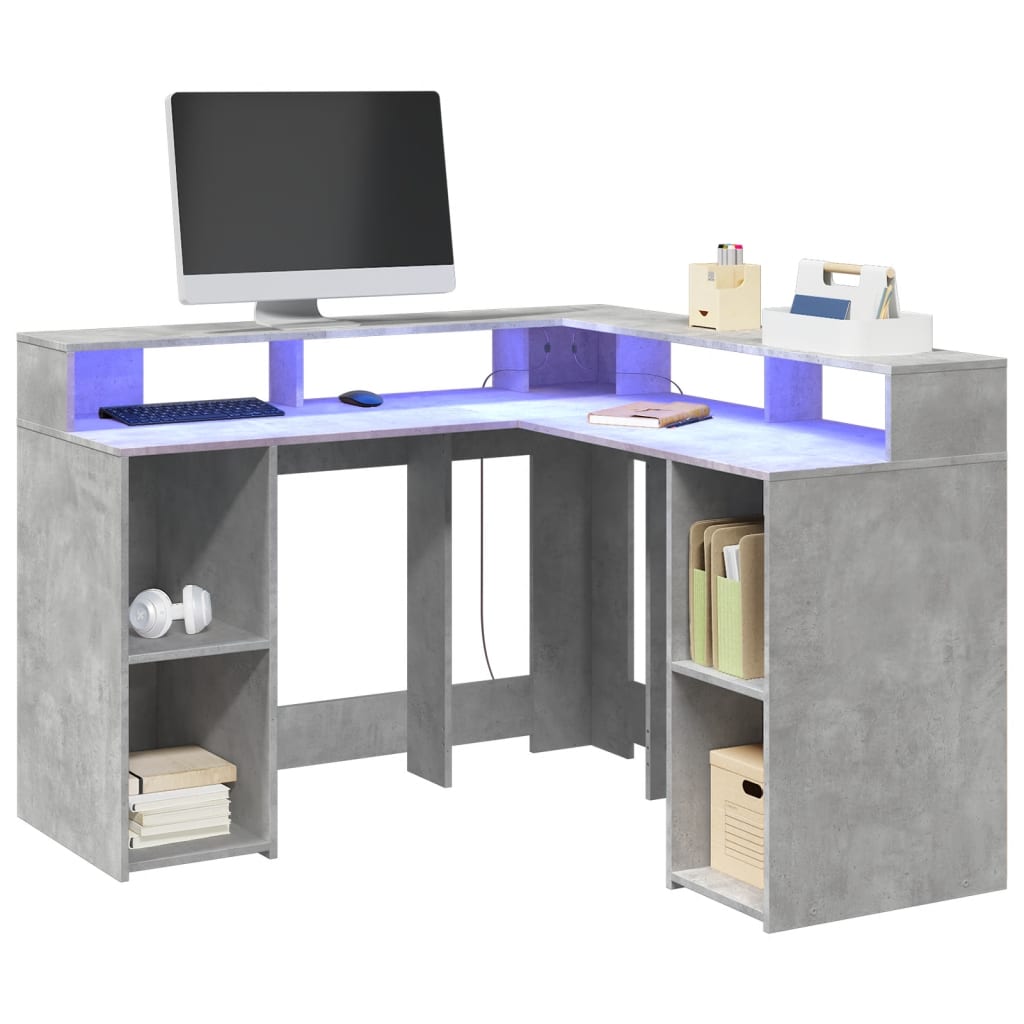 Bureau et lumières LED gris béton 130x130x91cm bois ingénierie Bureaux vidaXL   