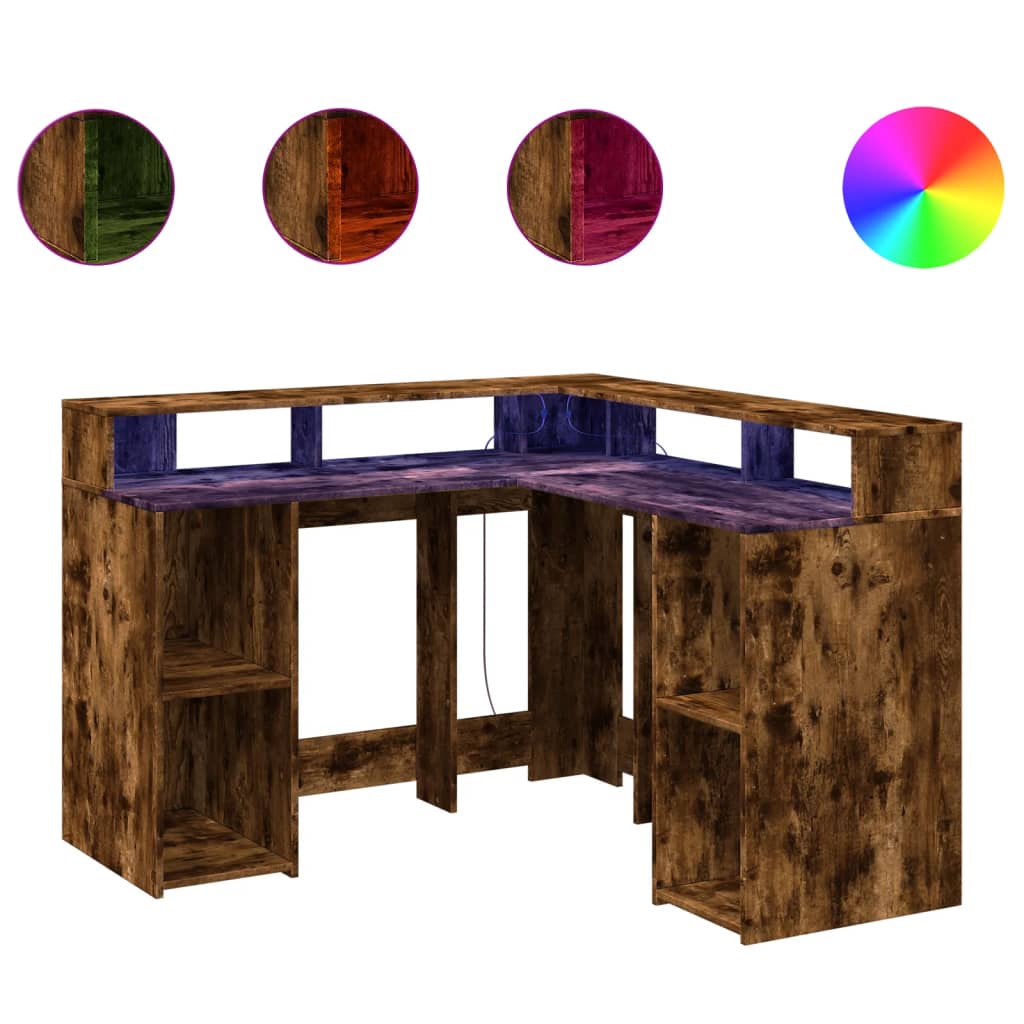 Bureau et lumières LED chêne fumé 130x130x91cm bois ingénierie Bureaux vidaXL   