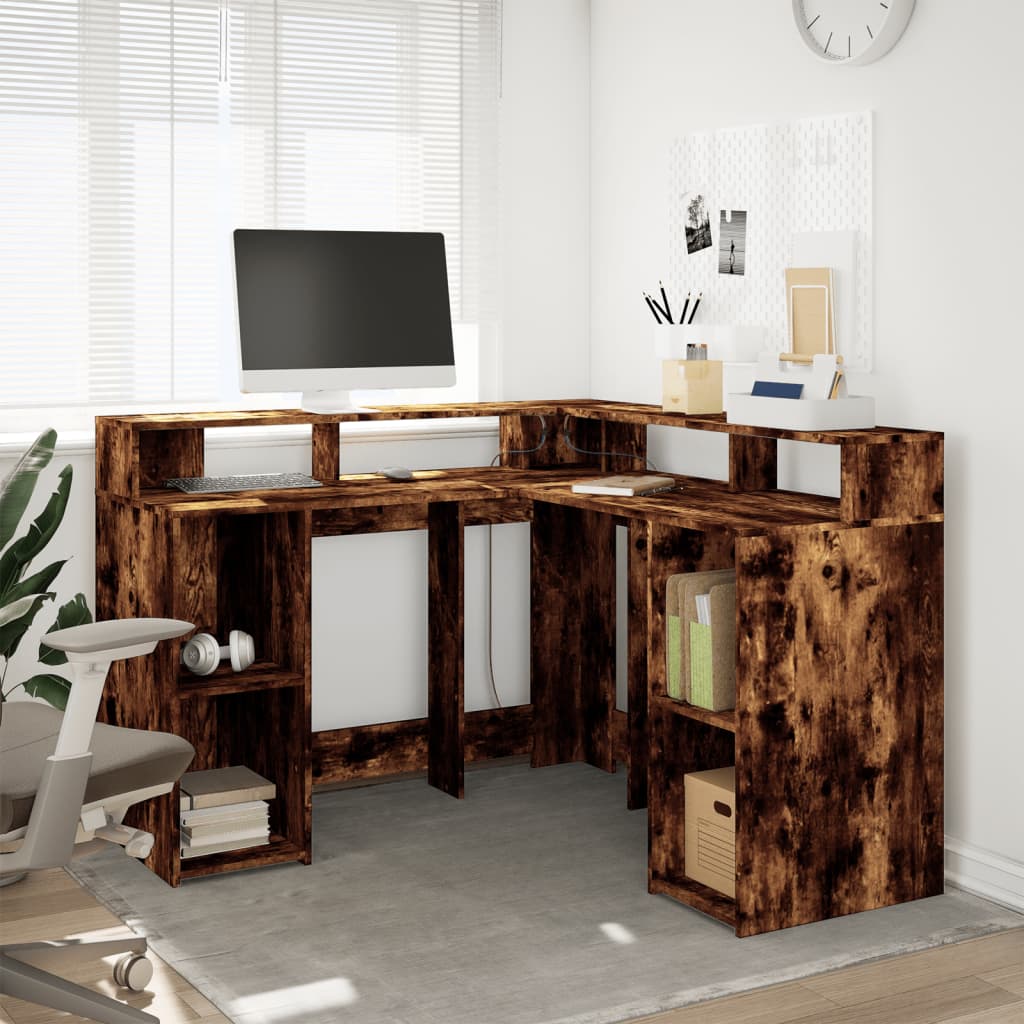 Bureau et lumières LED chêne fumé 130x130x91cm bois ingénierie Bureaux vidaXL   