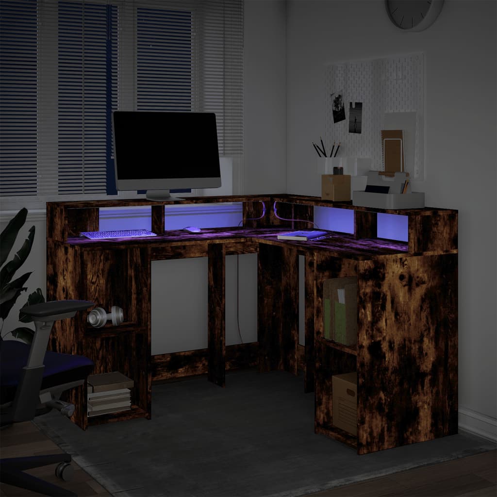 Bureau et lumières LED chêne fumé 130x130x91cm bois ingénierie Bureaux vidaXL   