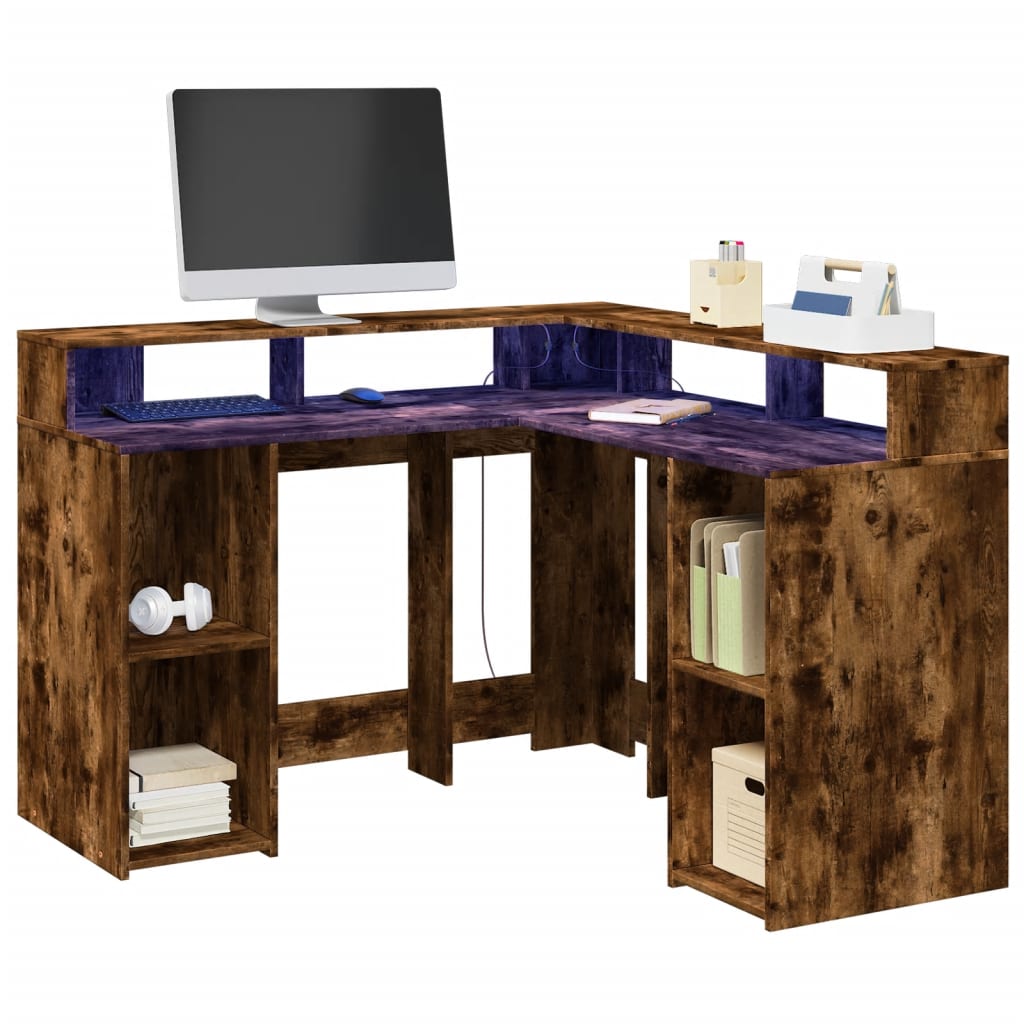 Bureau et lumières LED chêne fumé 130x130x91cm bois ingénierie Bureaux vidaXL   