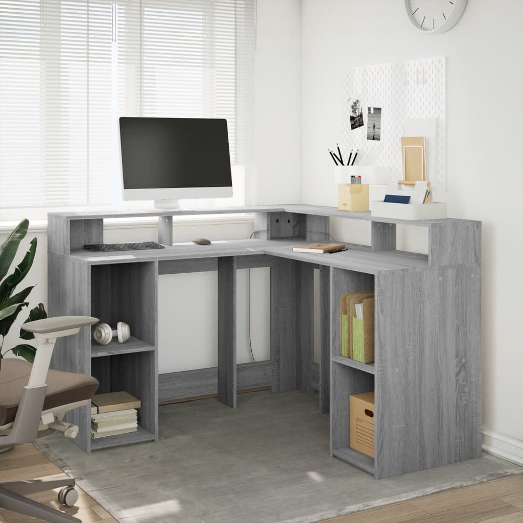 Bureau et lumières LED sonoma gris 130x130x91cm bois ingénierie Bureaux vidaXL   