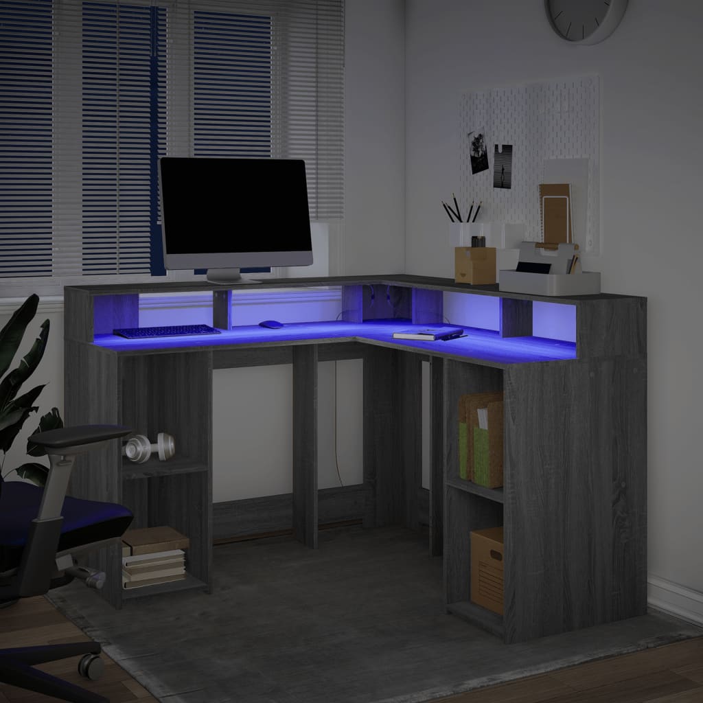 Bureau et lumières LED sonoma gris 130x130x91cm bois ingénierie Bureaux vidaXL   