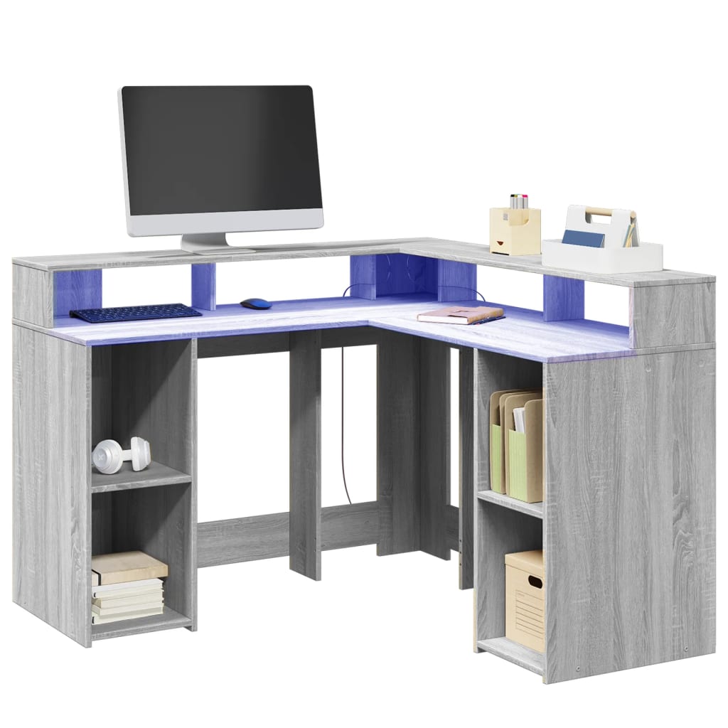 Bureau et lumières LED sonoma gris 130x130x91cm bois ingénierie Bureaux vidaXL   