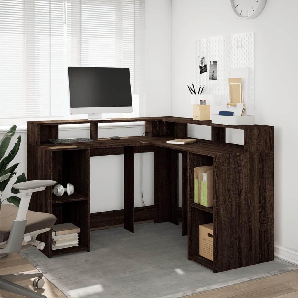 Bureau et lumières LED chêne marron bois d'ingénierie Bureaux vidaXL   