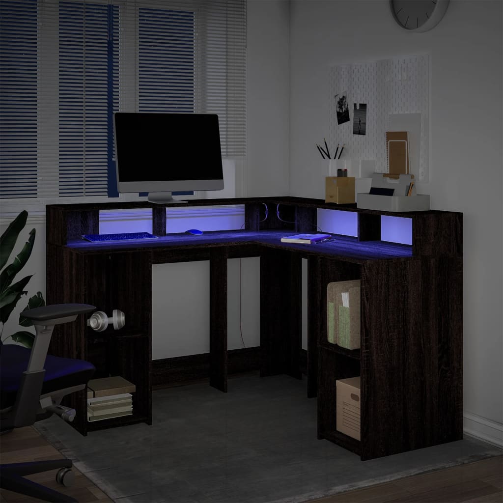 Bureau et lumières LED chêne marron bois d'ingénierie Bureaux vidaXL   