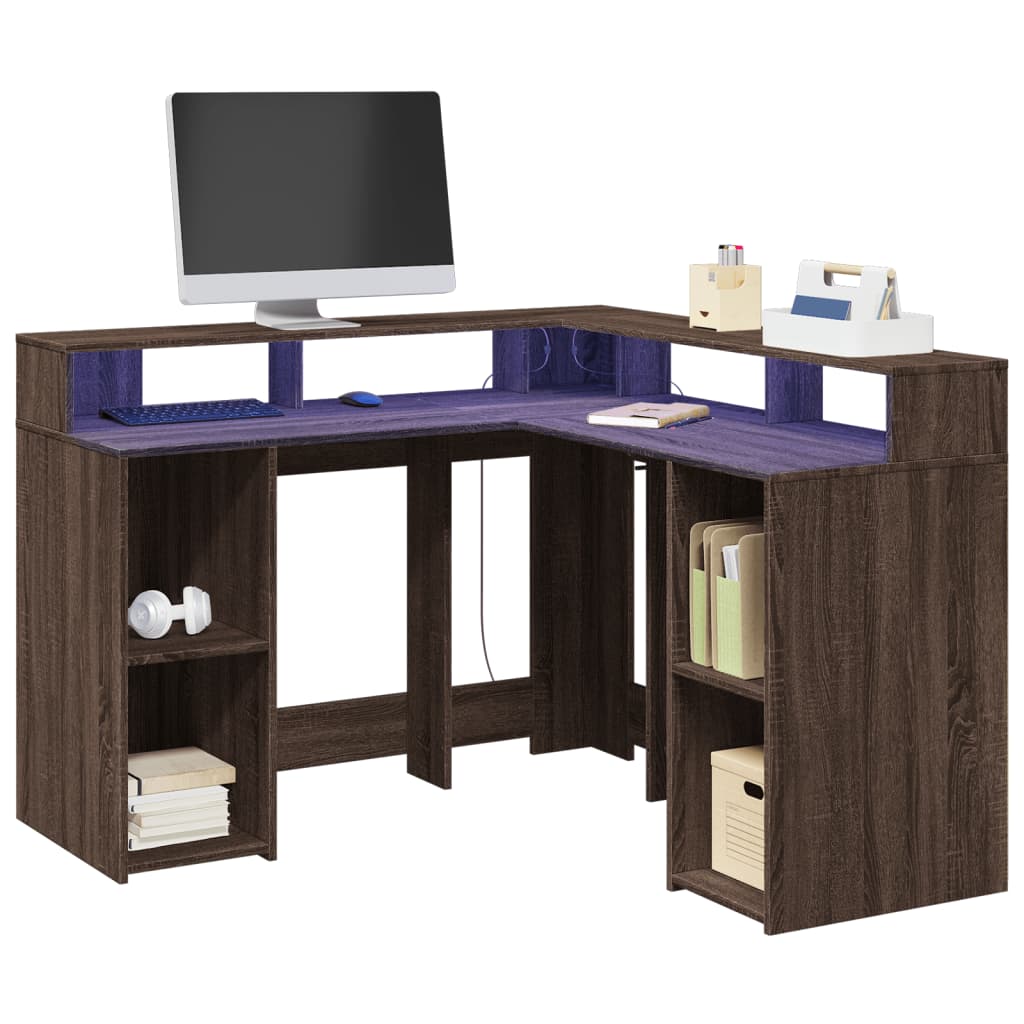 Bureau et lumières LED chêne marron bois d'ingénierie Bureaux vidaXL   