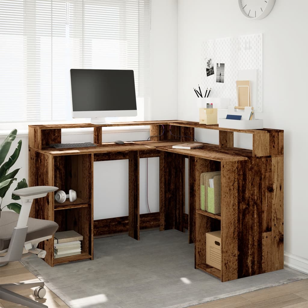 Bureau avec lumières LED vieux bois bois d'ingénierie Bureaux vidaXL   