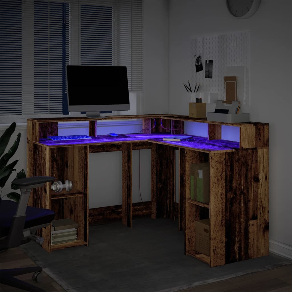 Bureau avec lumières LED vieux bois bois d'ingénierie Bureaux vidaXL   