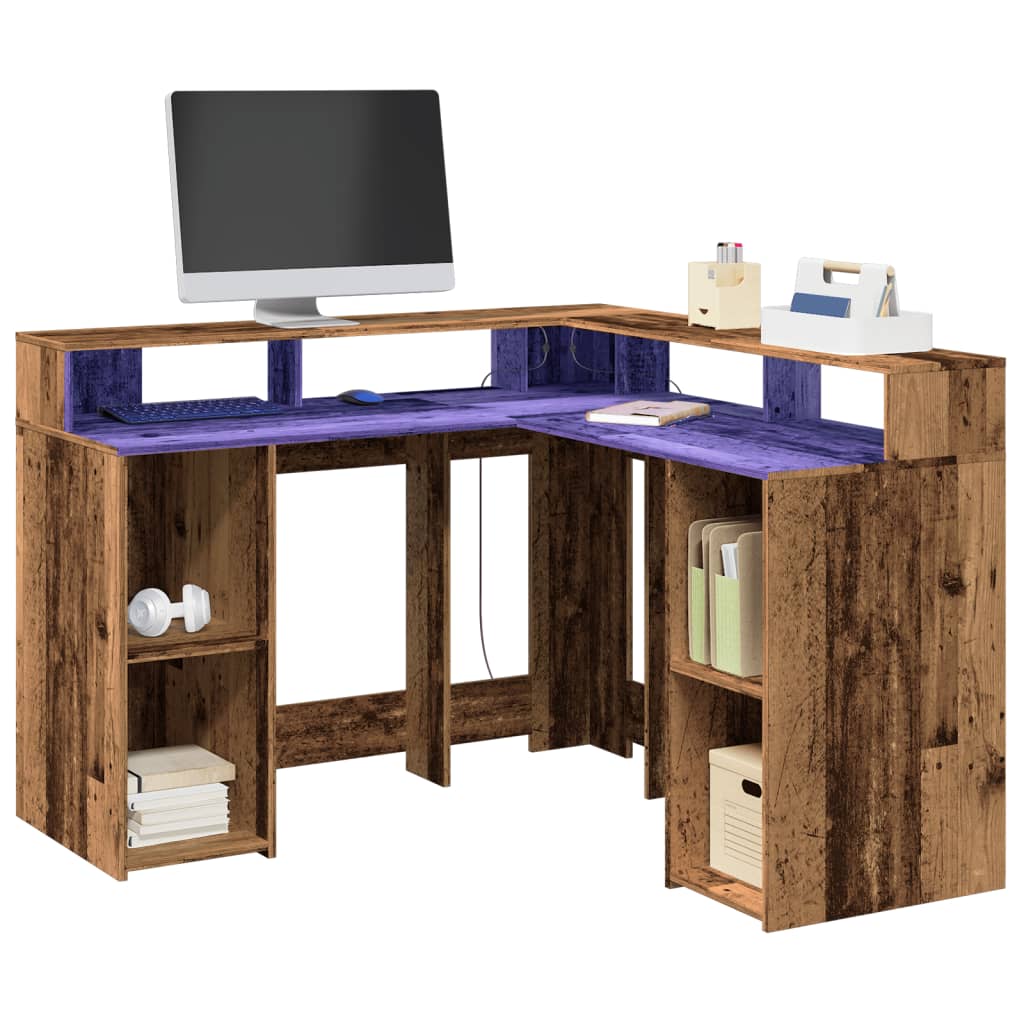 Bureau avec lumières LED vieux bois bois d'ingénierie Bureaux vidaXL   