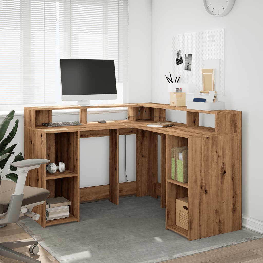 Bureau avec lumières LED chêne artisanal bois d'ingénierie Bureaux vidaXL   