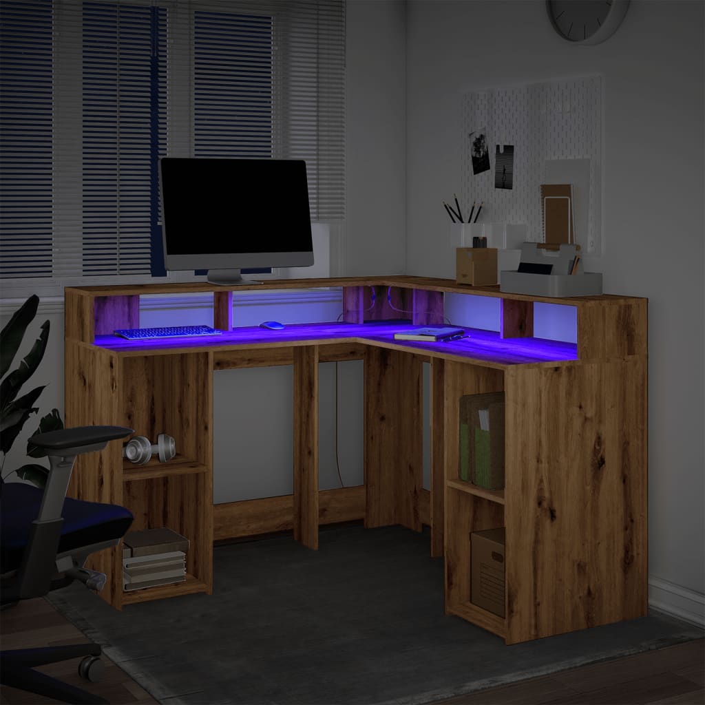 Bureau avec lumières LED chêne artisanal bois d'ingénierie Bureaux vidaXL   