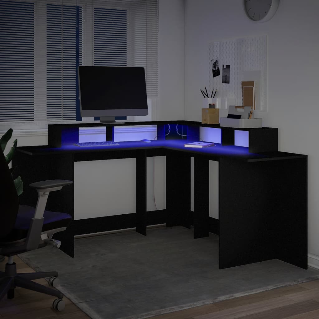 Bureau avec lumières LED noir 152x152x91 cm bois d'ingénierie Bureaux vidaXL   