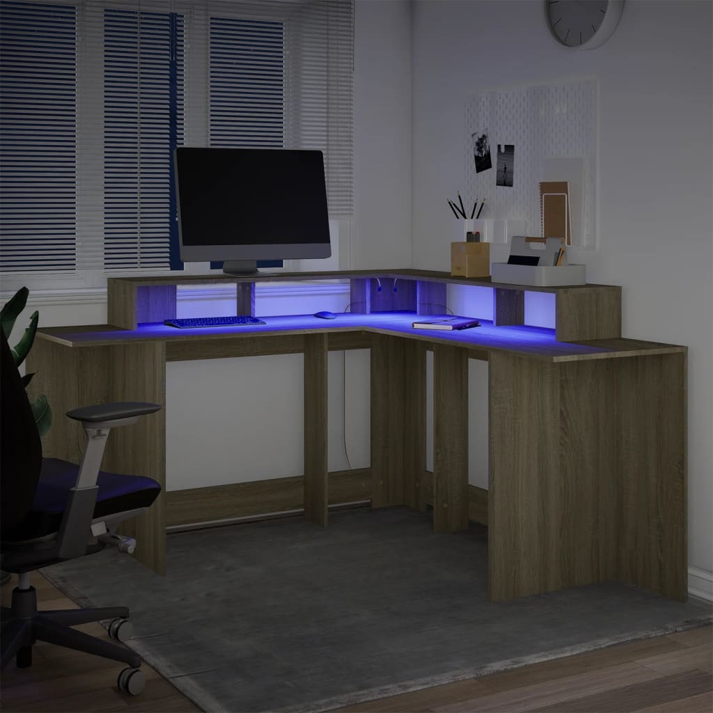 Bureau avec lumières LED chêne sonoma bois d'ingénierie Bureaux vidaXL   