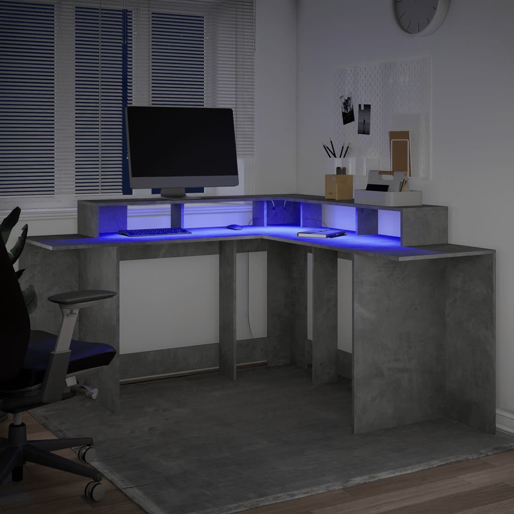 Bureau et lumières LED gris béton 152x152x91cm bois ingénierie Bureaux vidaXL   