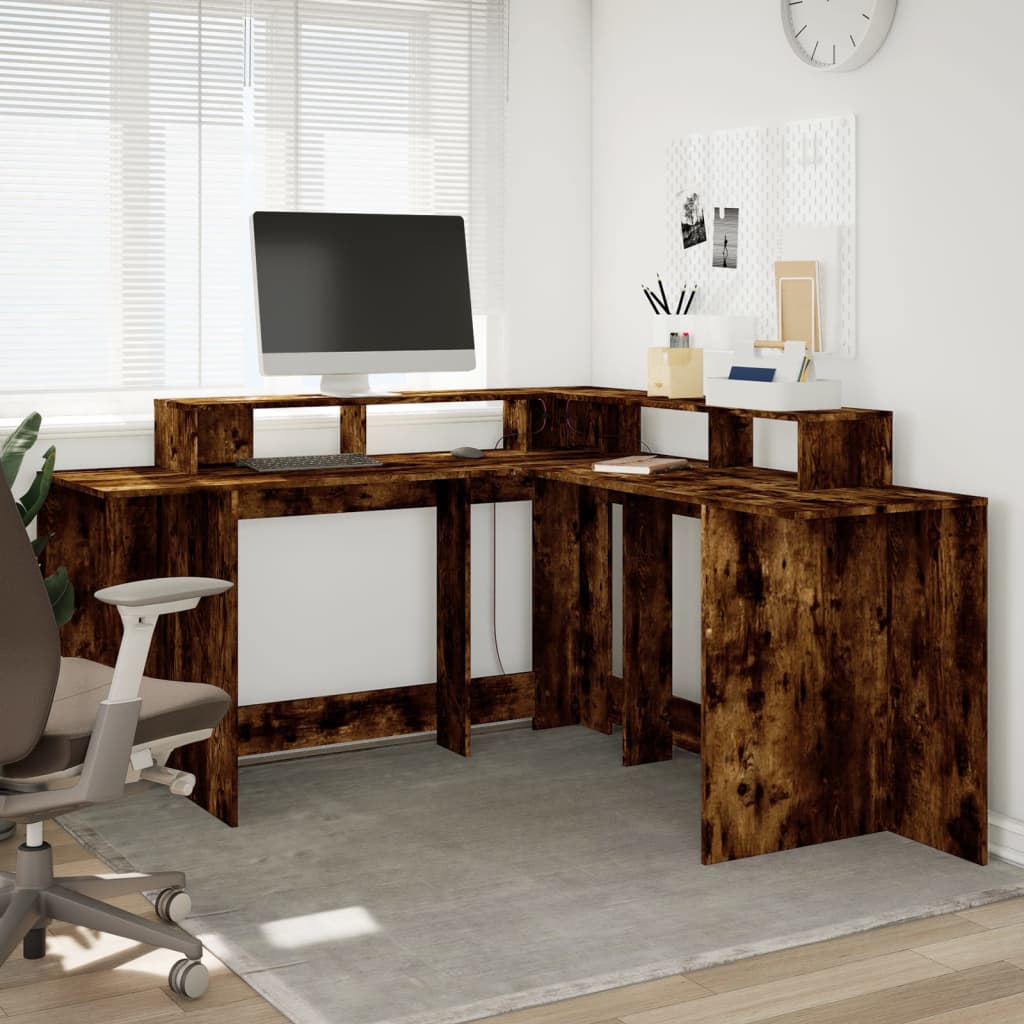 Bureau et lumières LED chêne fumé 152x152x91cm bois ingénierie Bureaux vidaXL   