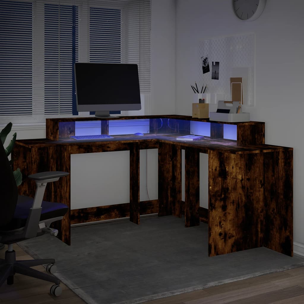 Bureau et lumières LED chêne fumé 152x152x91cm bois ingénierie Bureaux vidaXL   