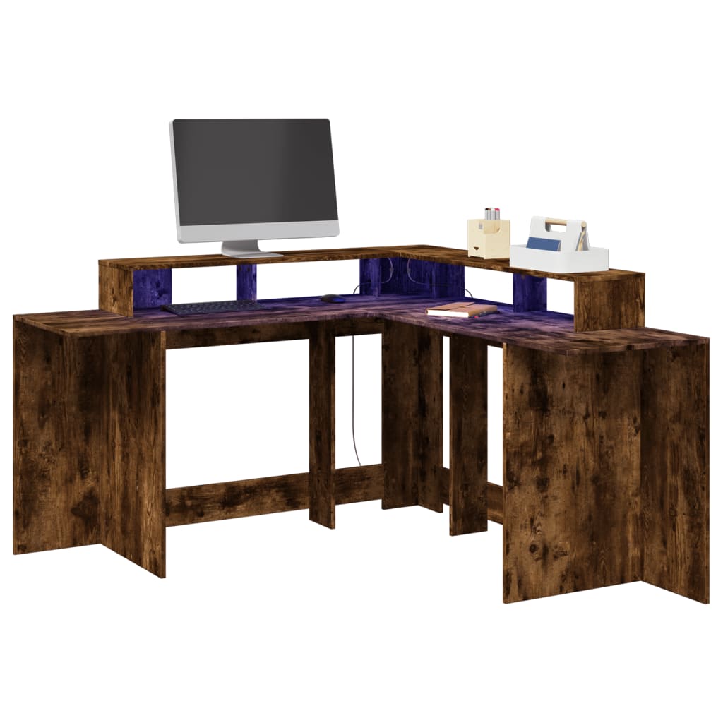 Bureau et lumières LED chêne fumé 152x152x91cm bois ingénierie Bureaux vidaXL   