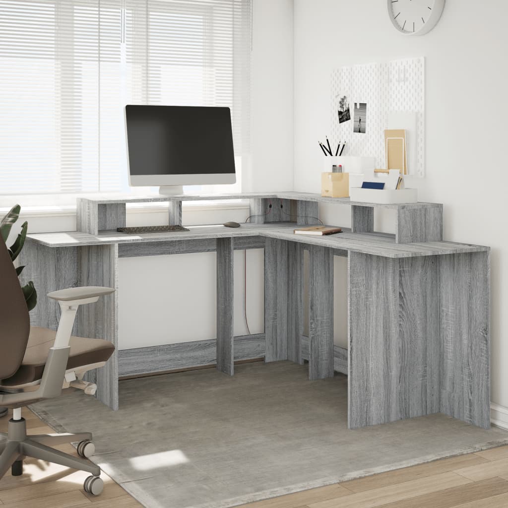 Bureau et lumières LED sonoma gris 152x152x91cm bois ingénierie Bureaux vidaXL   