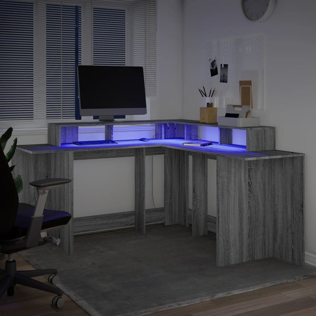 Bureau et lumières LED sonoma gris 152x152x91cm bois ingénierie Bureaux vidaXL   