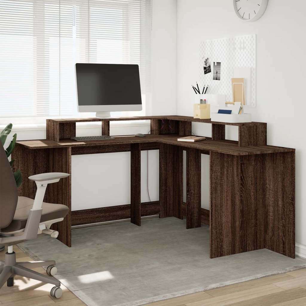 Bureau et lumières LED chêne marron bois d'ingénierie Bureaux vidaXL   