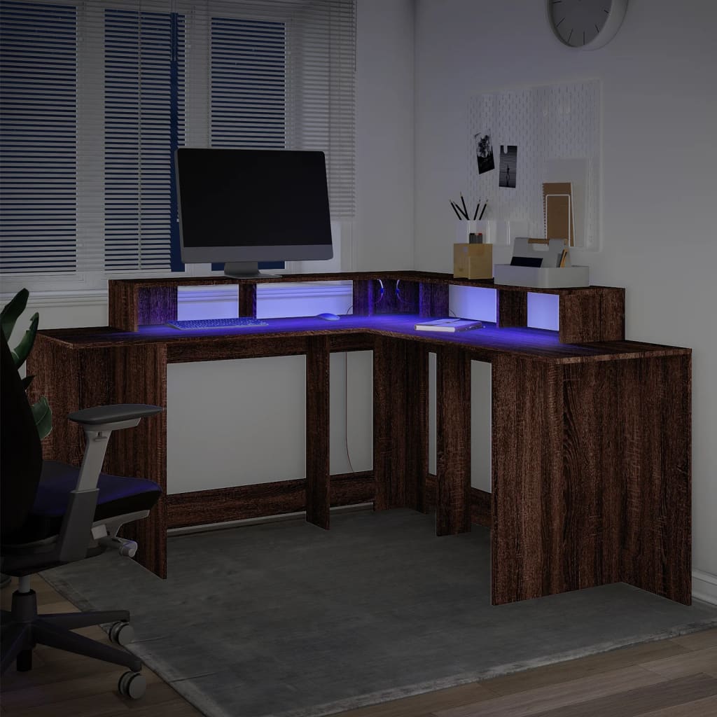 Bureau et lumières LED chêne marron bois d'ingénierie Bureaux vidaXL   