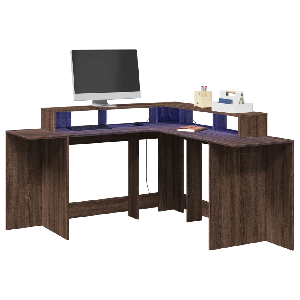 Bureau et lumières LED chêne marron bois d'ingénierie Bureaux vidaXL   