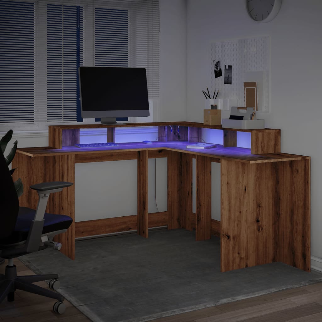 Bureau avec lumières LED chêne artisanal bois d'ingénierie Bureaux vidaXL   