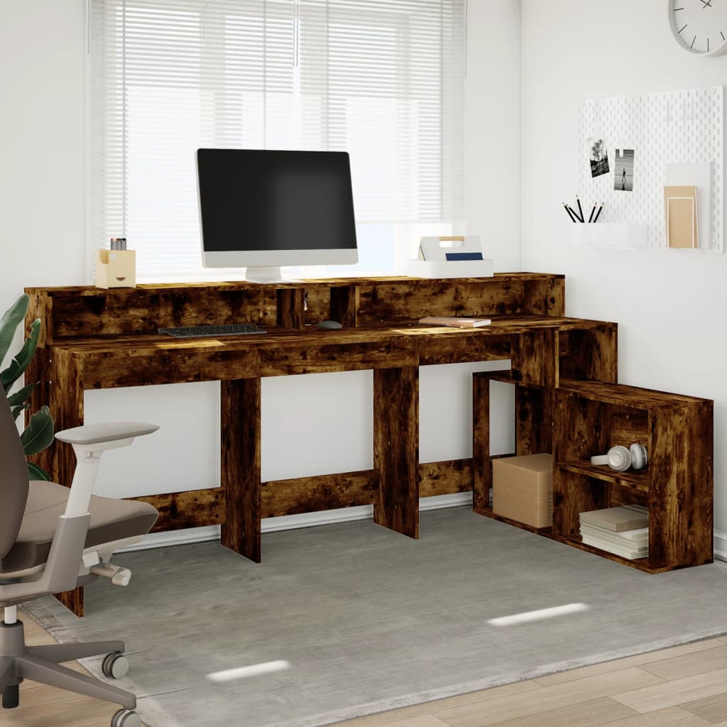 Bureau et lumières LED chêne fumé 200x104x91cm bois ingénierie Bureaux vidaXL   