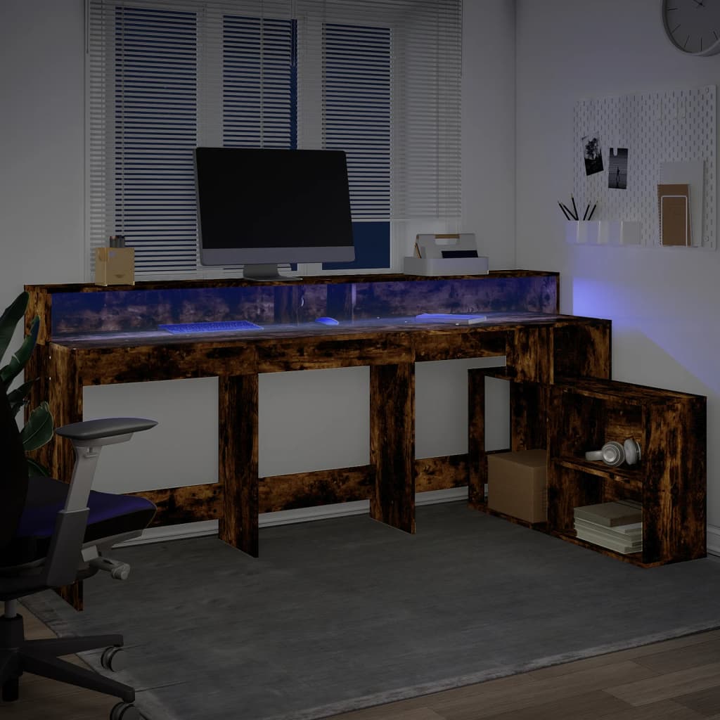 Bureau et lumières LED chêne fumé 200x104x91cm bois ingénierie Bureaux vidaXL   