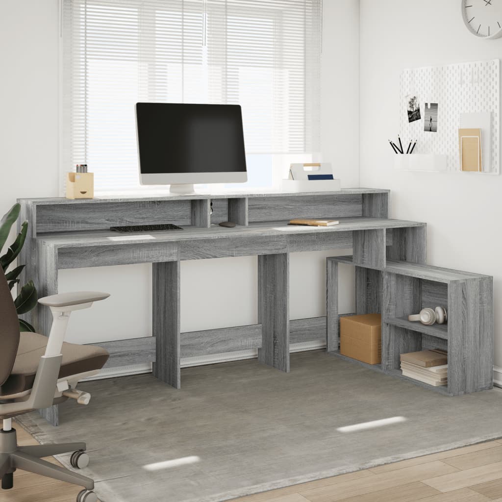 Bureau et lumières LED sonoma gris 200x104x91cm bois ingénierie Bureaux vidaXL   