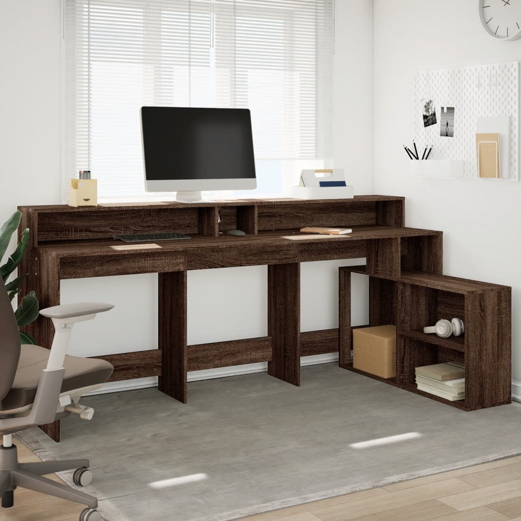 Bureau et lumières LED chêne marron bois d'ingénierie Bureaux vidaXL   