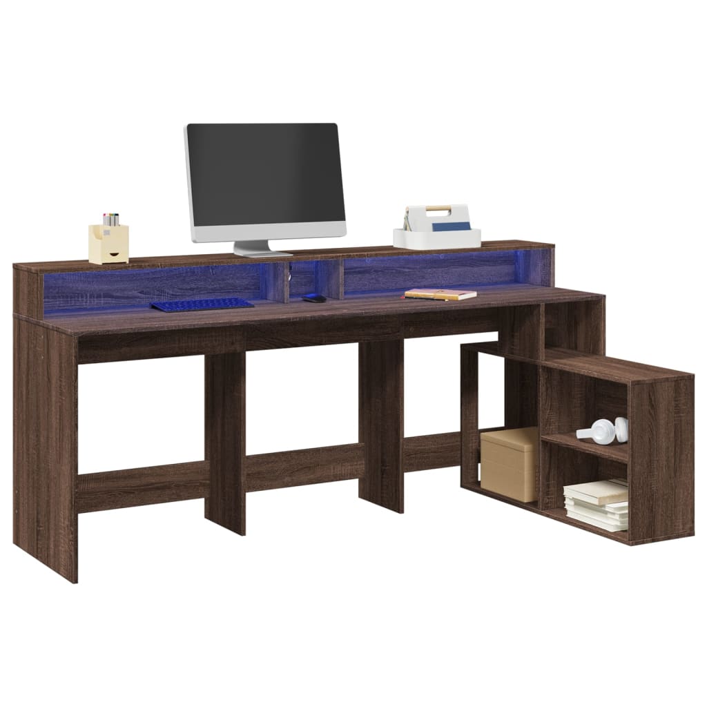 Bureau et lumières LED chêne marron bois d'ingénierie Bureaux vidaXL   