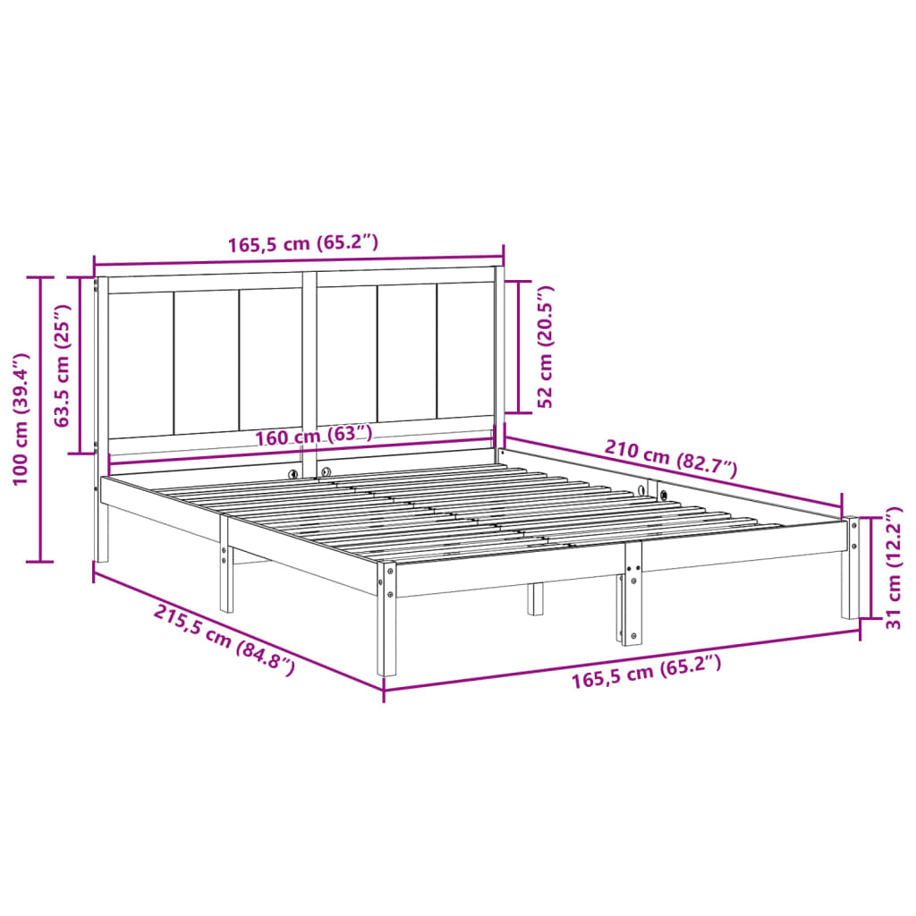 Cadre de lit extra long sans matelas 160x210 cm bois massif Lits & cadres de lit vidaXL   