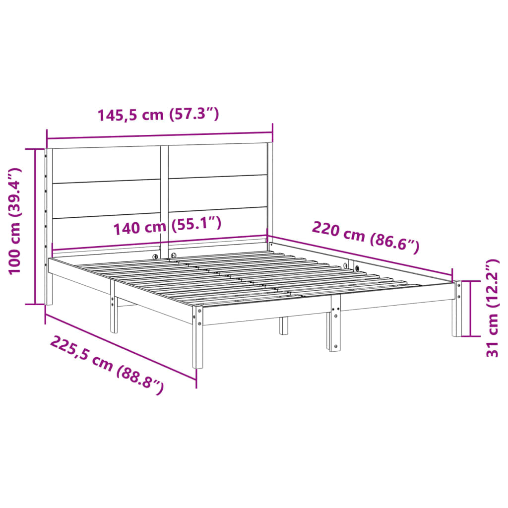 Cadre de lit extra long sans matelas 140x220 cm bois massif Lits & cadres de lit vidaXL   