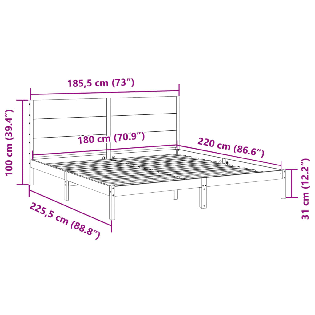 Cadre de lit extra long sans matelas 180x220 cm bois massif Lits & cadres de lit vidaXL   