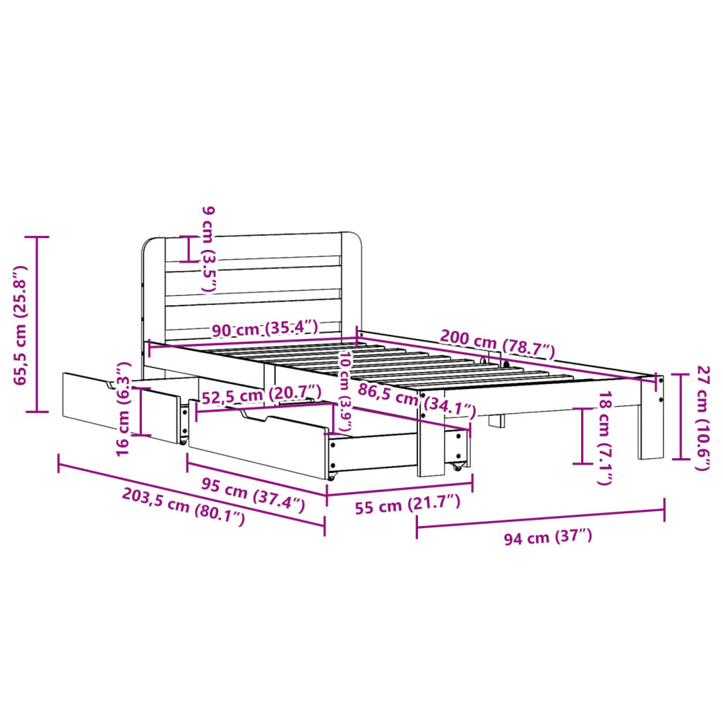 Cadre de lit sans matelas cire marron 90x200 cm bois pin massif Lits & cadres de lit vidaXL   