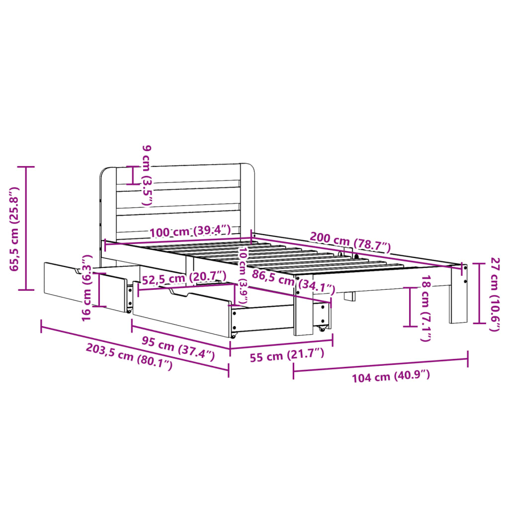 Cadre de lit sans matelas cire marron 100x200cm bois pin massif Lits & cadres de lit vidaXL   