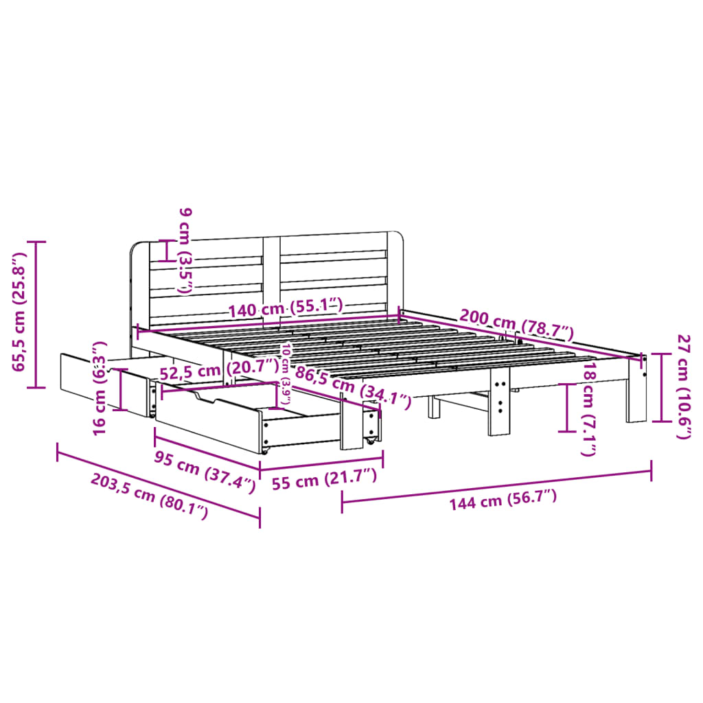 Cadre de lit sans matelas cire marron 140x200cm bois pin massif Lits & cadres de lit vidaXL   