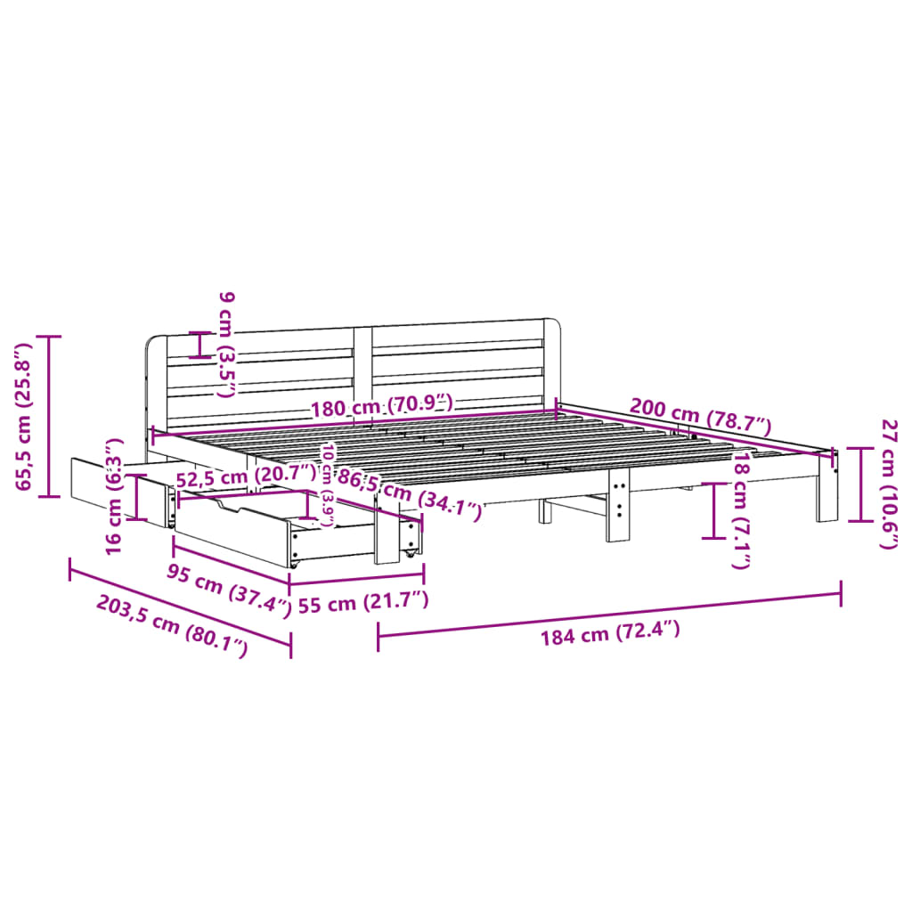 Cadre de lit sans matelas cire marron 180x200cm bois pin massif Lits & cadres de lit vidaXL   