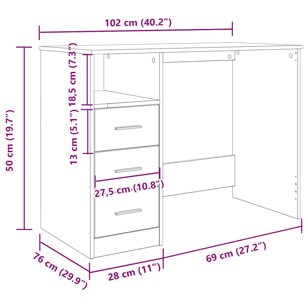 Bureau chêne artisanal 102x76x50 cm bois d'ingénierie Bureaux vidaXL   