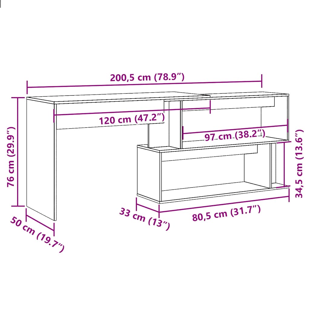 Bureau d'angle vieux bois 200,5x50x76 cm bois d'ingénierie Bureaux vidaXL