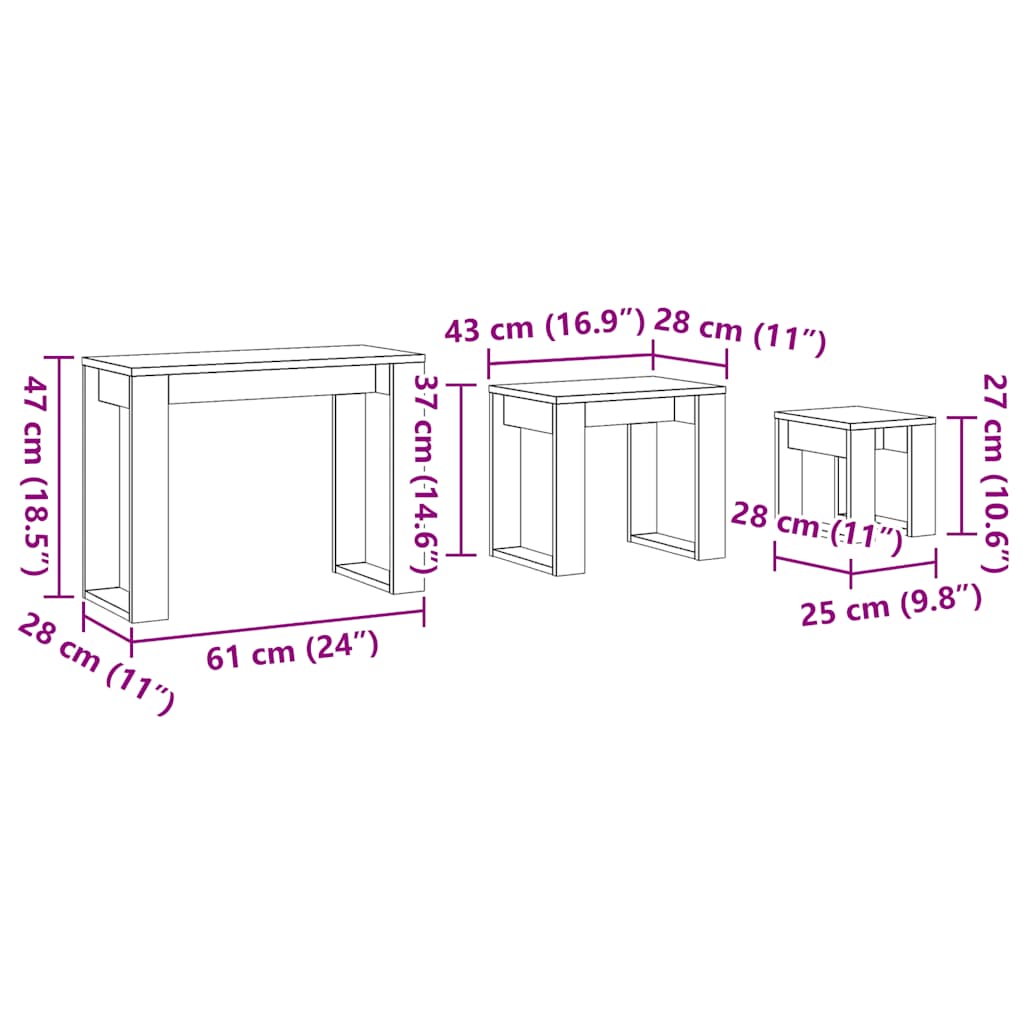 Tables gigognes 3 pcs chêne artisanal bois d'ingénierie Tables d'appoint vidaXL   