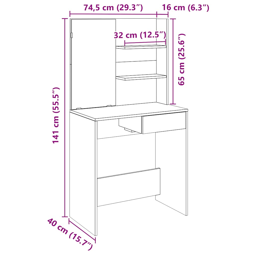 Coiffeuse avec miroir vieux bois 74,5x40x141 cm Tables vidaXL