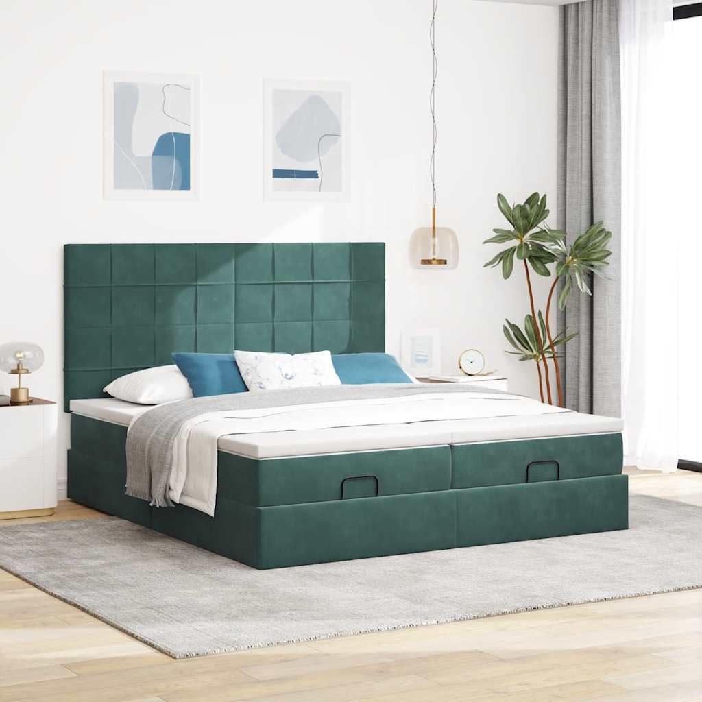 Cadre de lit ottoman avec matelas vert foncé 160x200 cm velours Lits & cadres de lit vidaXL